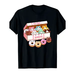 Kawaii Kitten Donuts Cat Lover T-Shirt 100% Cotton Soft Casual Unisex Cute Aesthetic Short Sleeve Graphic Tee