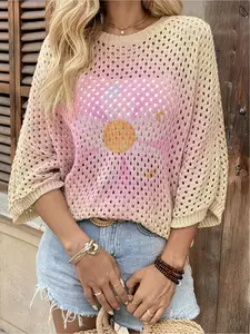 Spring & summer Bohemian knit top, round neck, hollow-out batwing sleeves, loose fit. Pink floral print, lightweight. Great for daily, commute, vacation & beach bikini cover-up. Beach Cover Ups, Swimsuit Cover Up, Swimwear Cover Up