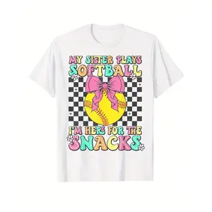 Softball Sister T-Shirt - Retro Checkered Bow & Softball Bat Print, Breathable Cotton Crew Neck Tee, Loose Fit for Little League Games, Casual Wear, Softball Party Outfits - Sports Gift (3-13Y)