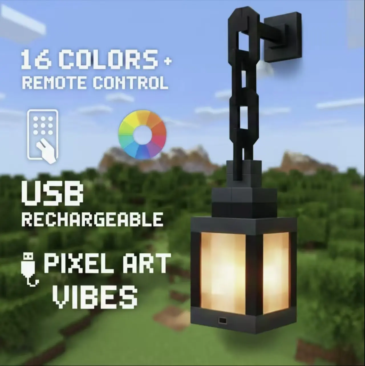 Minecraft Rechargeable Glowing Lantern Children's Bedroom Bedside Night Light Model Flashlight Multifunctional Portable Hanging Lamp Game Accessory Collectible Decoration Birthday Gift for Boys and Girls