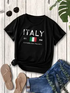 Women's Italy Flag Pattern Round Neck Short Sleeve Casual T-Shirt, "ITALY EST REPUBBLICA ITALIANA 1946", Casual Tee for Outdoor Wear, Women's Top