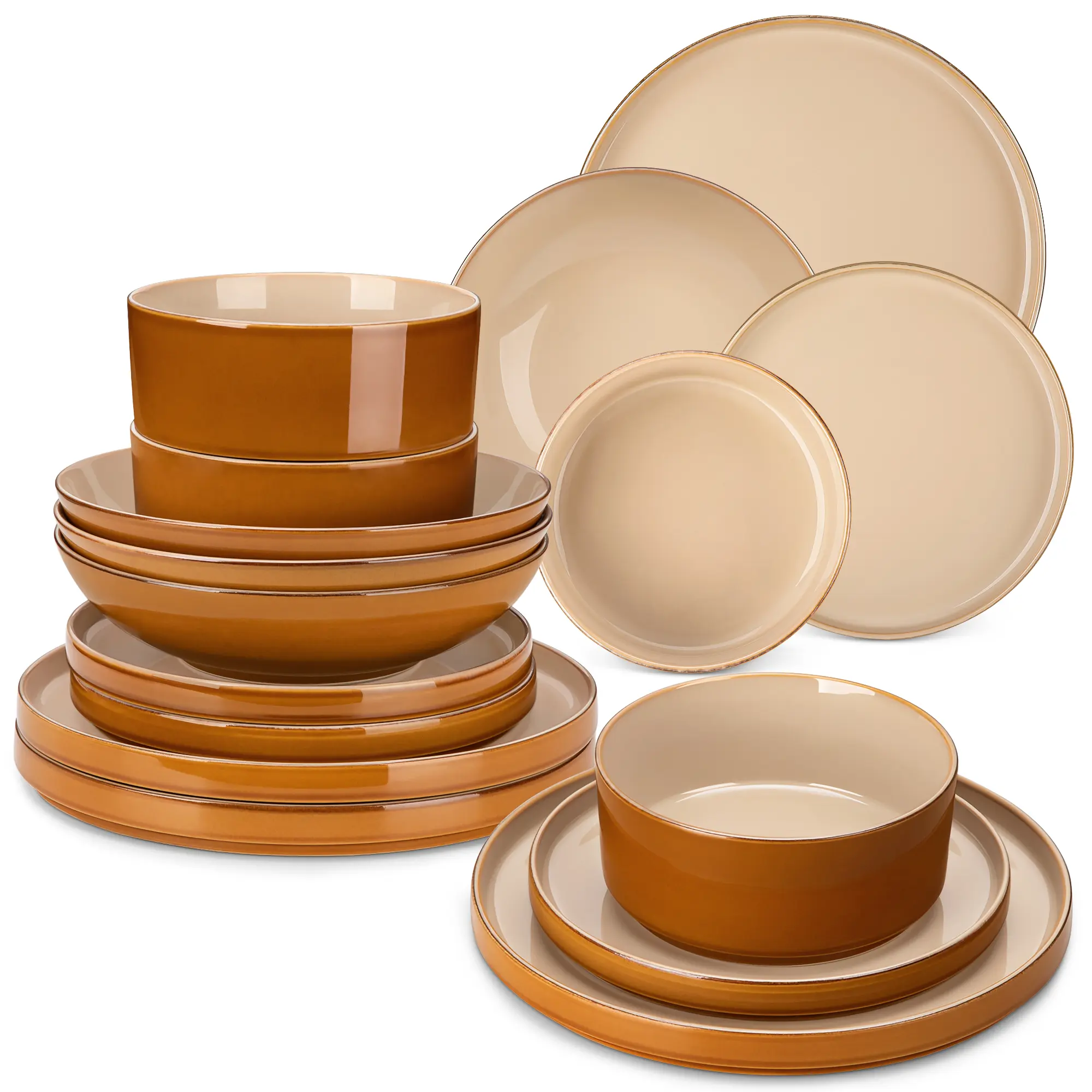 vancasso Onion Series Stoneware Dinnerware Set for 4, 16-Piece Brown Plate Set, Premium Dinner Service with Dinner Plates, Salad Plates & Bowls, Elegant Modern Design Tableware Kitchen Dishware Set