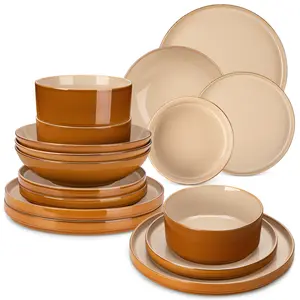 vancasso Onion Series Stoneware Dinnerware Set for 4, 16-Piece Brown Plate Set, Premium Dinner Service with Dinner Plates, Salad Plates & Bowls, Elegant Modern Design Tableware Kitchen Dishware Set