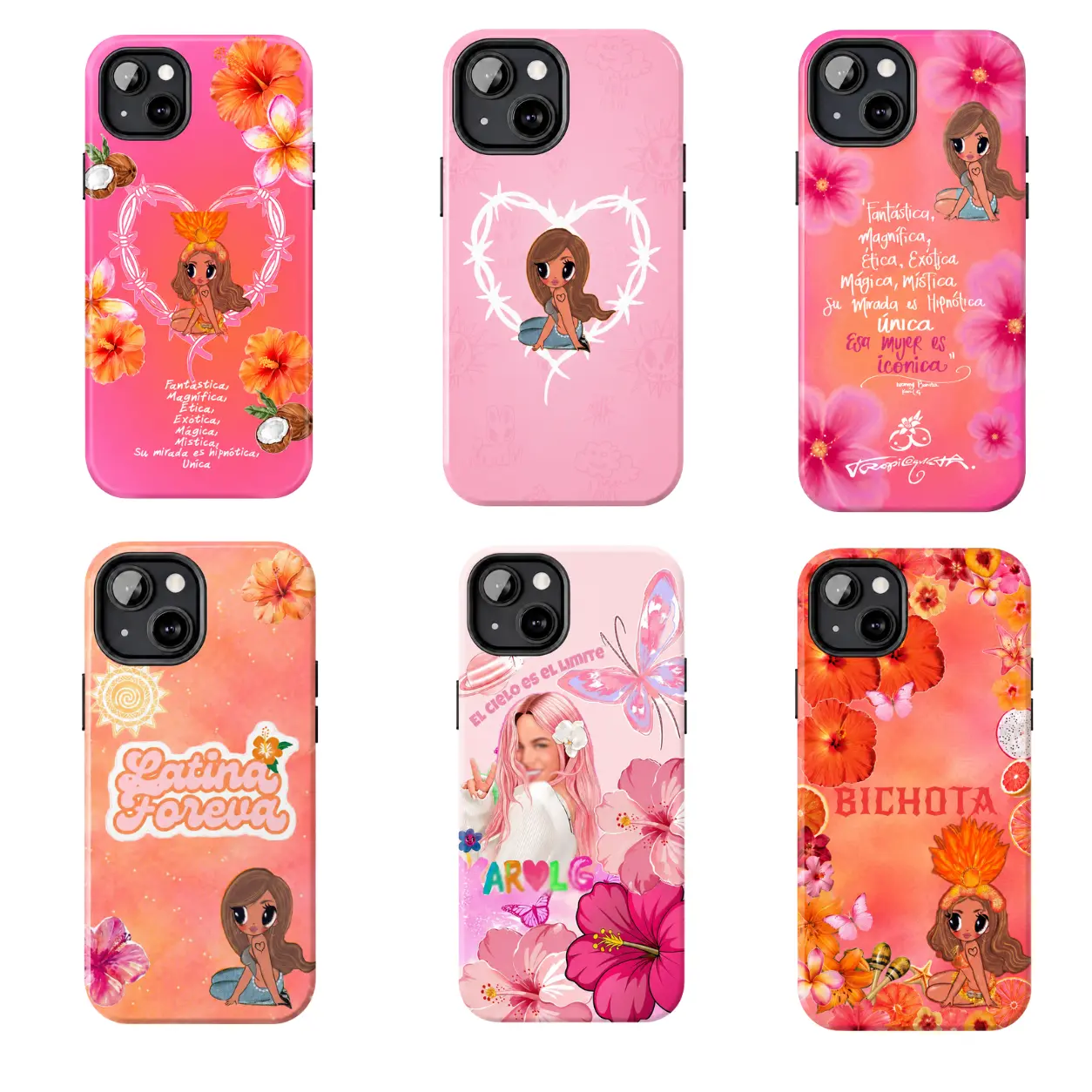 Tropical Reggaeton Diva Phone Case, Pink Hibiscus Coconut Butterfly Collage Cover, Orange Floral Singer Fan Gift for iPhone Samsung