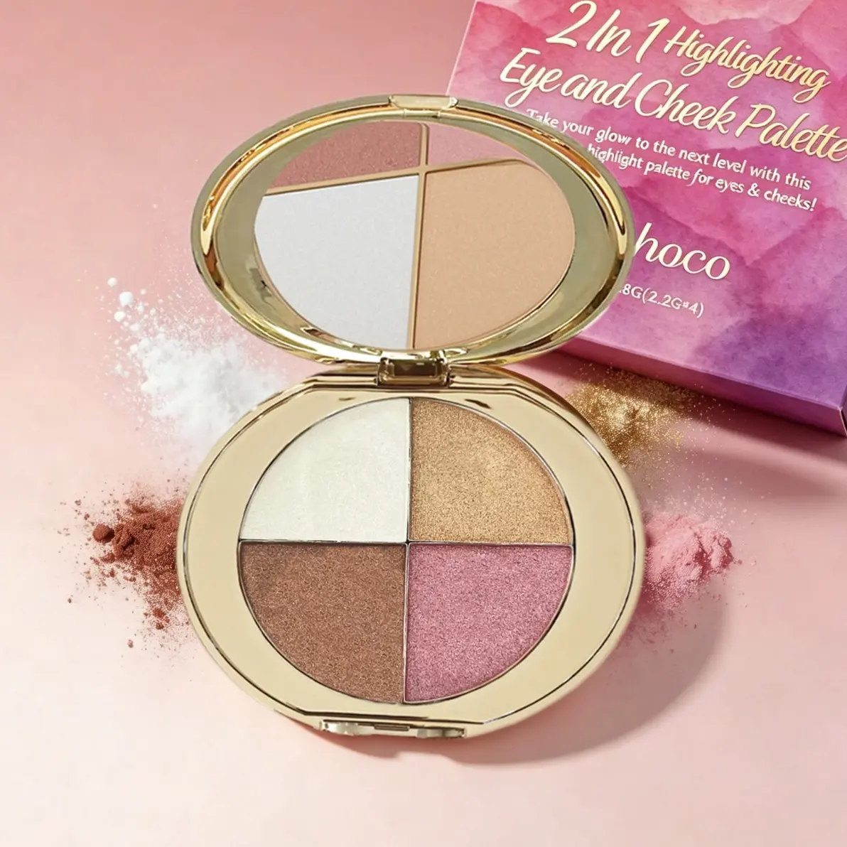 4-in-1 Glow Palette, Face Makeup with Highlighter, Blush & Eyeshadow, 4 Brightening Shades for Natural Radiance, Blendable Cheek Tint Powder, Buy 1 Get 1 Free, Colorful Makeup Palette soft color fine