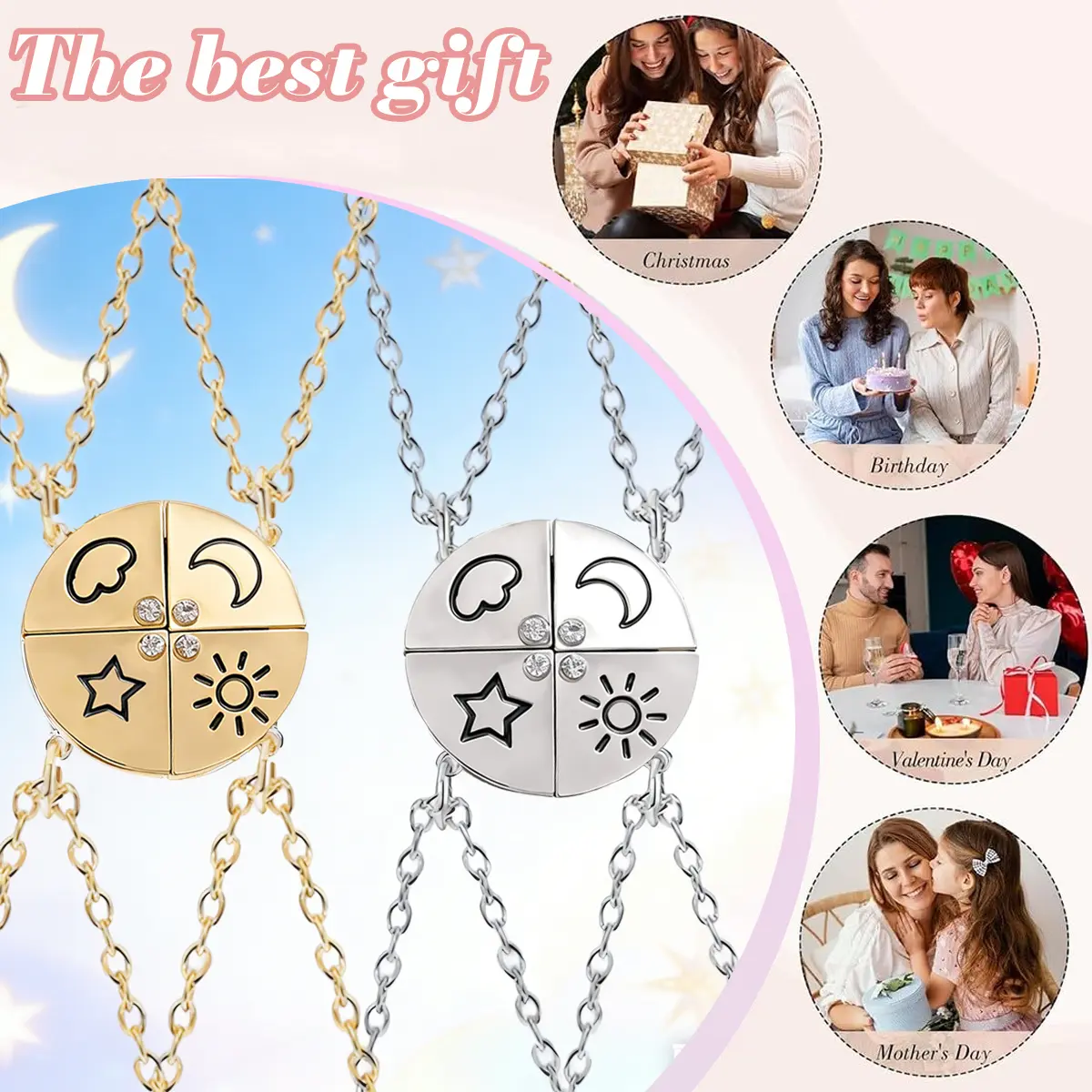 Matching Sun, Moon, Star & Cloud Necklace Set for 4, Magnetic