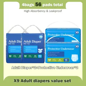 X9 Adult diapers value set High， Absorbency and Leakproof，For all skin types，No petroleum-based microplastics, no chlorine, no fragrance.4Bags， The built-in deodorizing technology keeps the area fresh and natural.Skin-Friendly