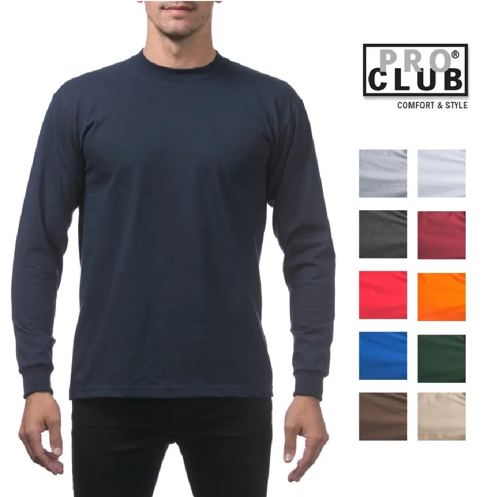 PROCLUB Men's Heavyweight Long Sleeve T Shirts PRO CLUB Casual Long Sleeves T Shirt Cotton Tee Plain Cotton Hip Hop Harem Big Tall (S to 5XLT)