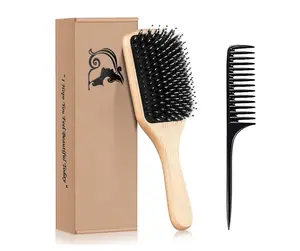 Boar Bristle Paddle Hair Brush with Tail Comb for All Hair Types Long Short Thick Thin Curly Straight Wavy Detangling Brush with Gift Box