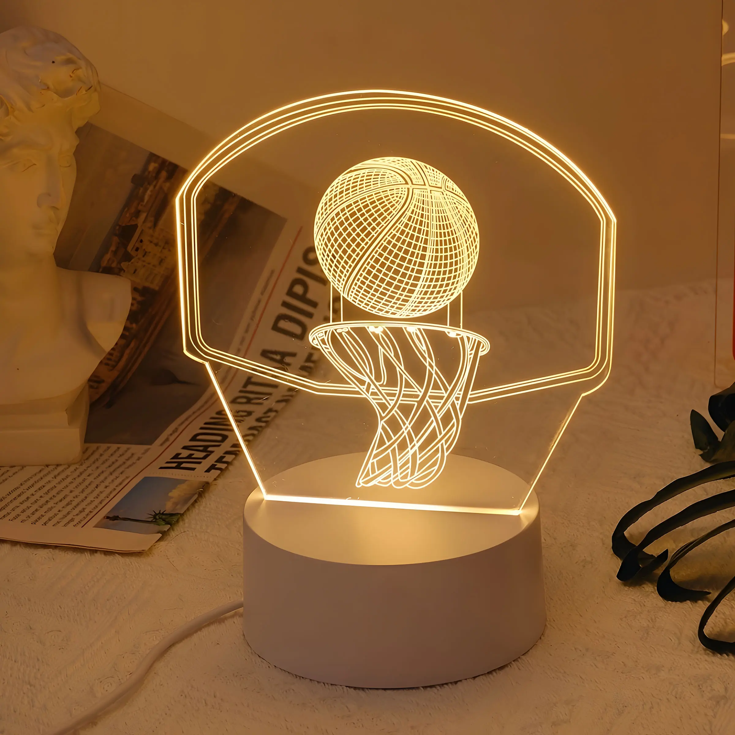 Modern Basketball Series Warm LED Night Light, USB Powered, Plastic Bedside Lamp with Switch Control, Ideal Christmas Gift