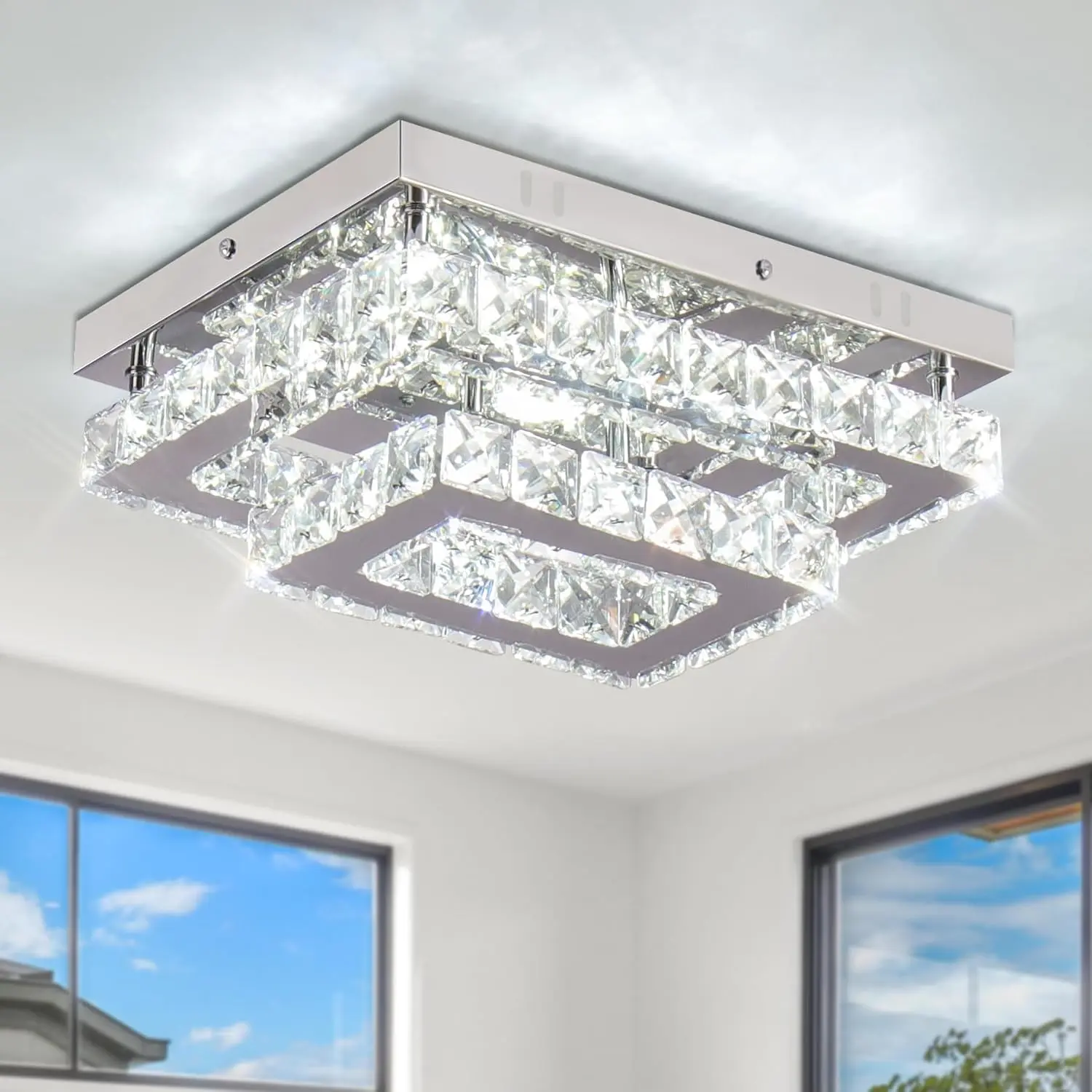 LED  Ceiling Light Modern Flush Mount Rectangular Lamp K9 Stainless Steel Ceiling Lights Fixture Chandelier for Living Room Bedroom Dining Room (Cool White)
