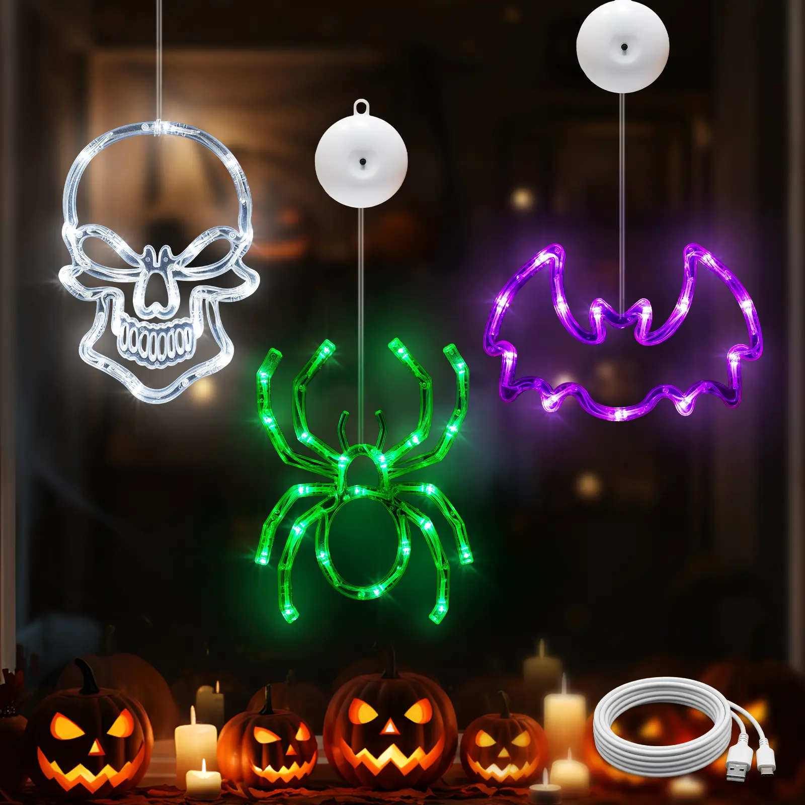 SUDDUS Halloween Window Lights - Plastic-Copper Spooky Decor, Green Spiders, White Skull Heads, Violet Bats for Haunted House, Halloween Gift