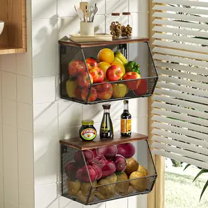 Hanging Fruit Basket Wire Baskets with Wood Lid, 2 Pack Stackable Kitchen Counter Organizer Countertop Onion and Potato Storage, Wall Mounted Produce Basket for Snack, Fruit and Vegetable Storage