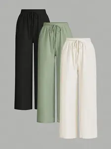 Women's three-piece set, Womenswear, with drapey textured wide-leg casual pants, made from lightweight and breathable crinkled fabric with a drawstring waistband, offering both comfort and a relaxed feel, suitable for daily commuting, weekend outings
