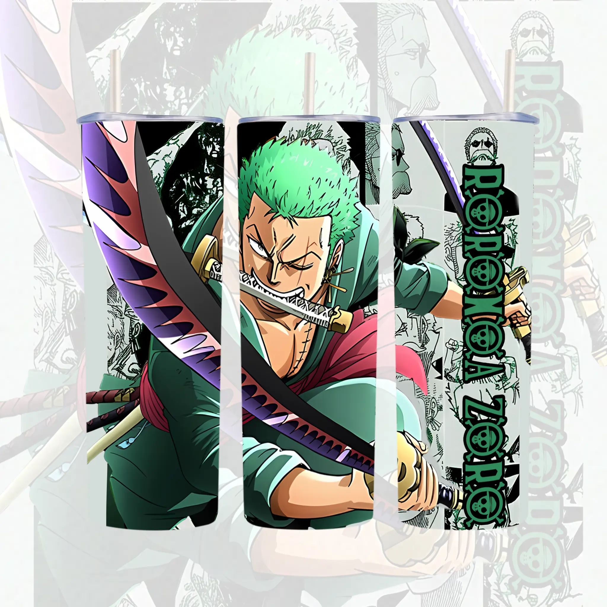 Roronoa Zoro Anime Tumbler 20oz, One Piece Stainless Steel Travel Mug, Manga Insulated Cup With Handle & Straw, Gift For Anime Fans