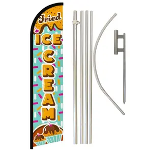 Curved Windless Fried Ice Cream Advertising Banner & Aluminium-Steel Pole Complete Kit, 11.5x2.5 ft Polyester Backdrop for Festive Parties, Home Supplies