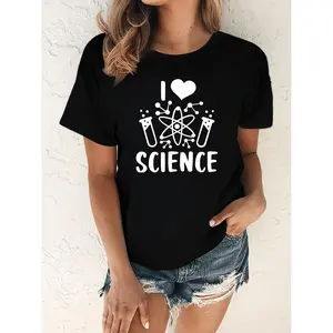 "I Love Science" Print Short Sleeve T-Shirt - Casual Round Neck Summer Top Suitable for Science Events & Casual Attire - Machine Washable Science-Themed Apparel