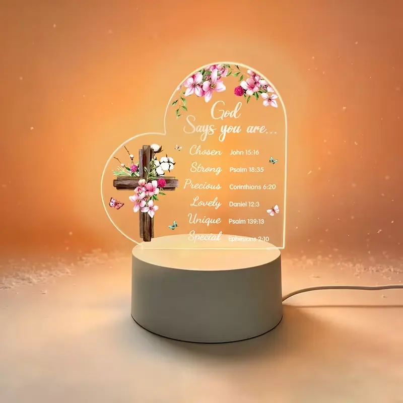 Lighted Base Heart-Shaped Acrylic Desk Plaque, Cross-Floral Faith Quote Christian Decor, Christmas Religious Encouragement Gift for Friends, Easter Present
