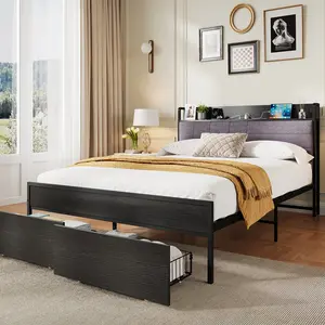 Full Size Bed Frame with Storage Drawers & Charging Station Grey Upholstered Headboard with 2-Tier Storage Shelf Black Metal Platform Bed Frame No Box Spring Needed Heavy Duty Support Noise-Free Easy Assembly