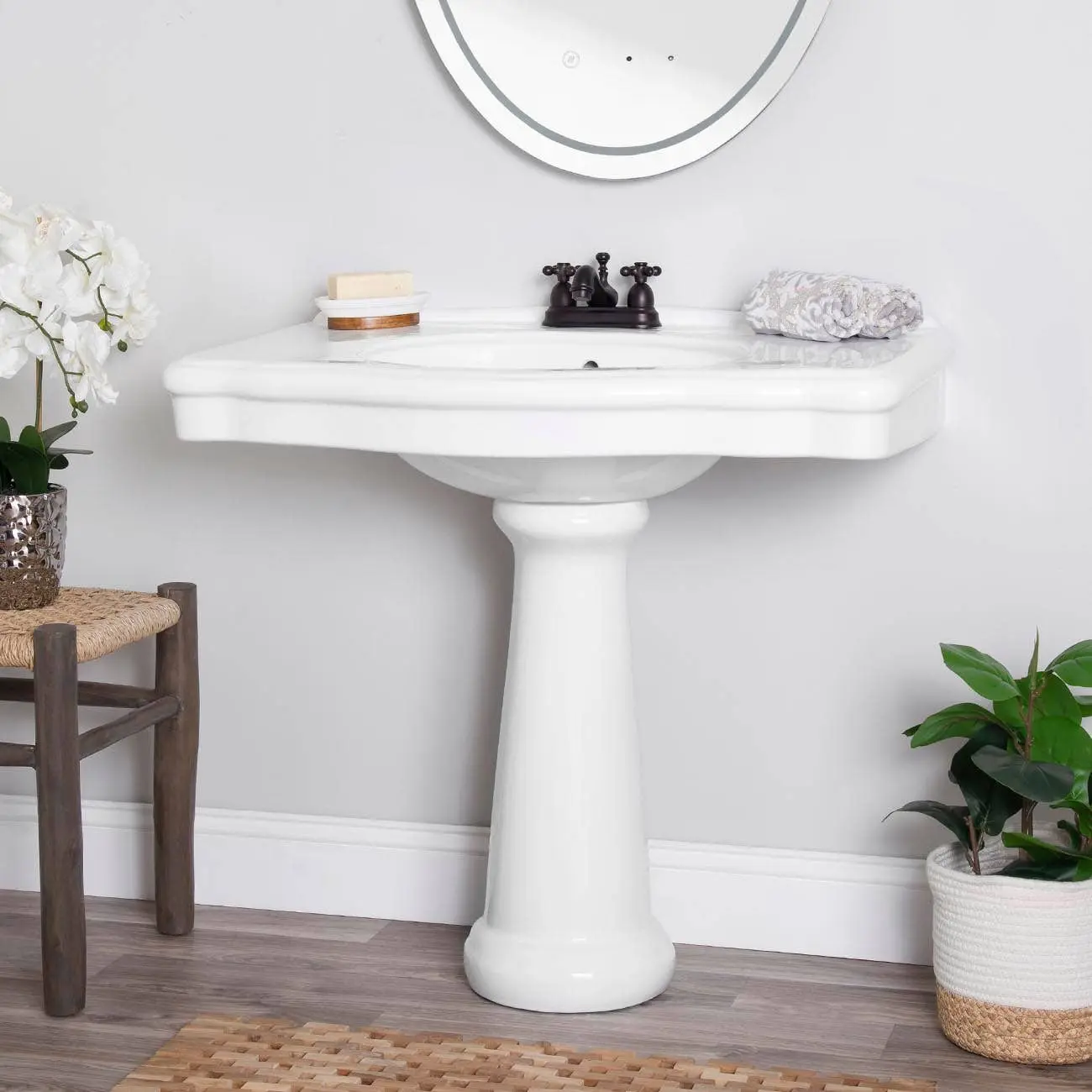 Atwell 34-Inch White Porcelain Pedestal Bathroom Sink, Space-Saving Basin for Home Improvement Use