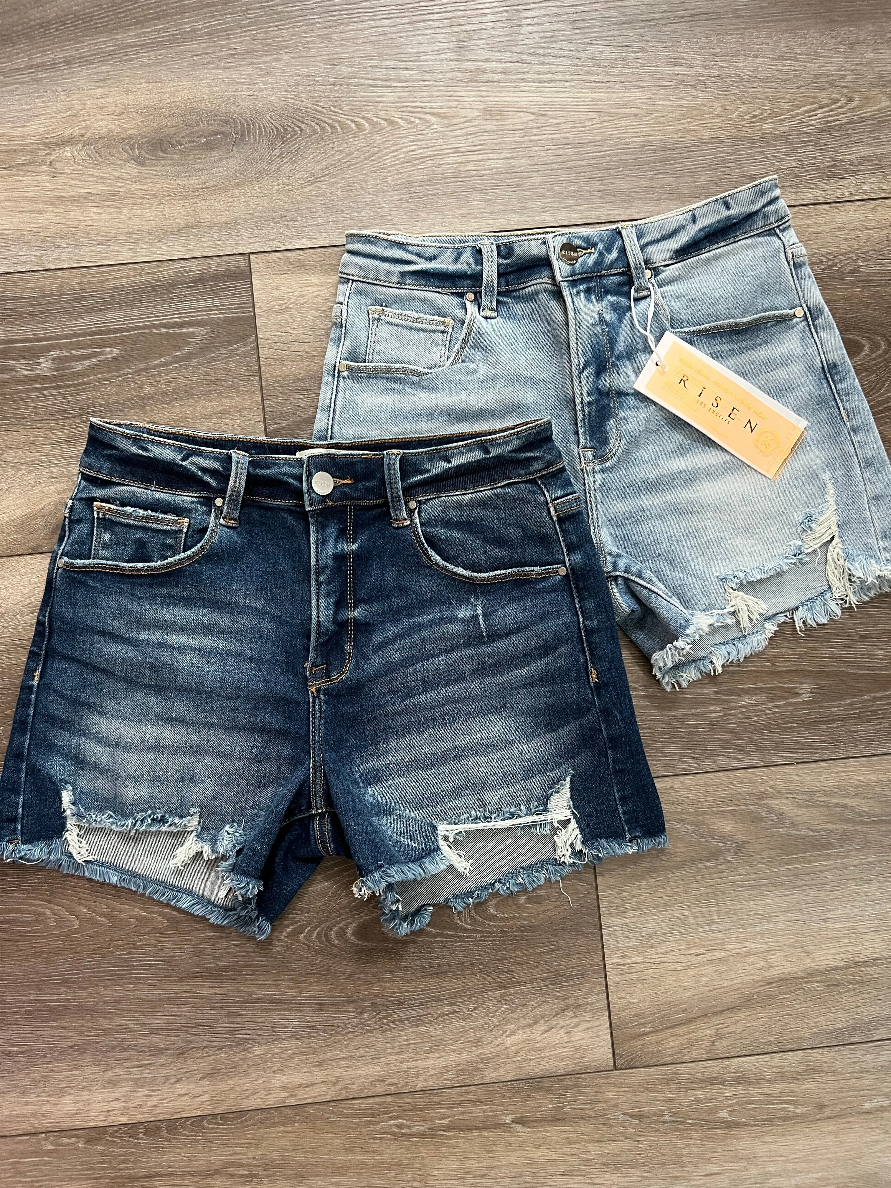 Risen ‘Hot Mom’ High-Rise Distressed Denim Shorts