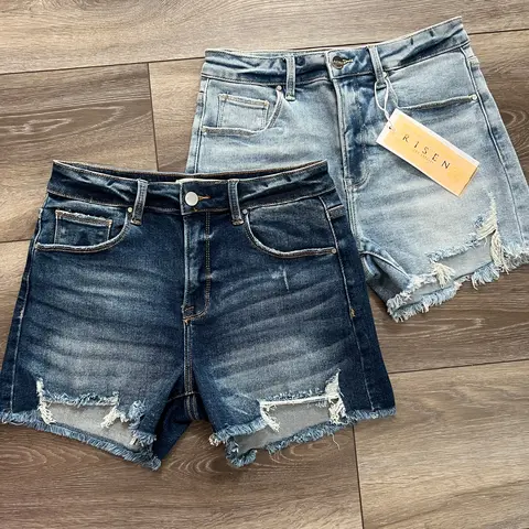 Risen ‘Hot Mom’ High-Rise Distressed Denim Shorts