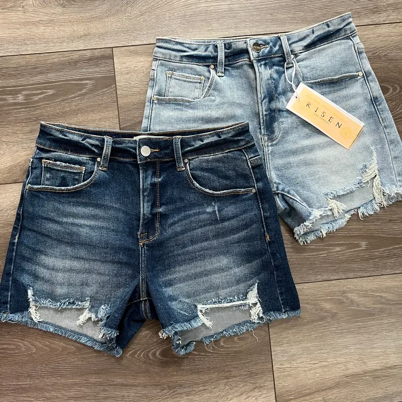 Risen ‘Hot Mom’ High-Rise Distressed Denim Shorts
