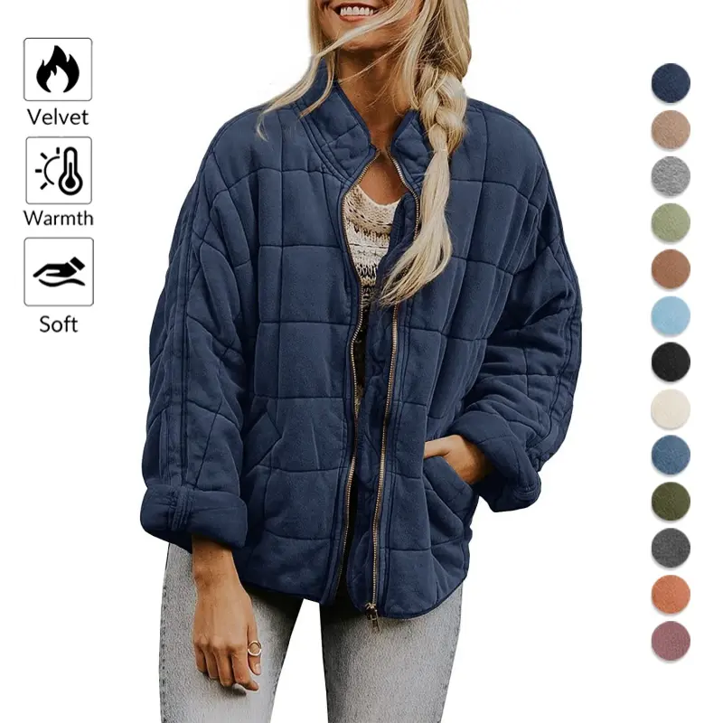 Women’s solid-color long-sleeve quilted jacket, warm fleece cotton jacket for autumn and winter, fashionable casual versatile quilted jacket, suitable for daily commuting and outdoor activities