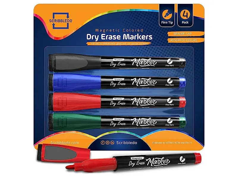 Fine Tip Assorted Colors Dry Erase Markers 4 Pack with Magnetic Cap and Eraser Tip