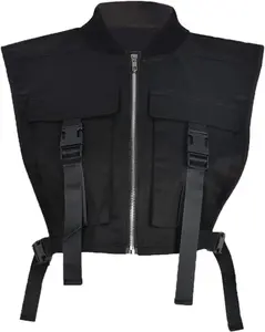 Women's Sexy Crop Cargo Vest Sleeveless Buckle Zip Up Vest Jacket Tops Steampunk Streetwear with Pockets