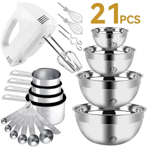 21-Piece Handheld Electric Mixer Machine Set - 5-Speed Lightweight Cake Dough Hand Blender Mixer, Stainless Steel Mixing Bowl, Measuring Cup, Spoon, Liquid Overflow Prevention, for Baking, Home Kitchen Household Items