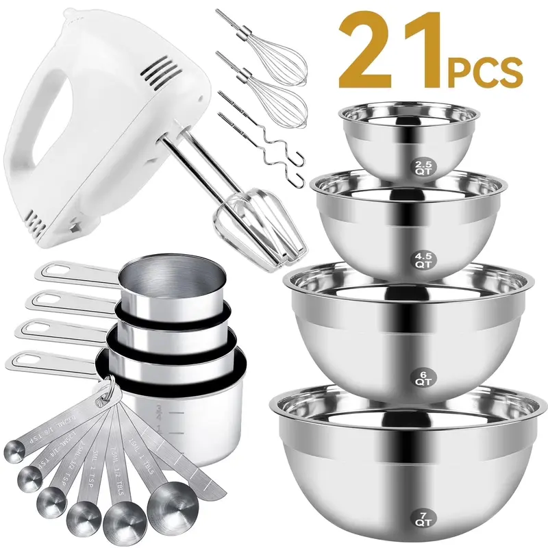 21-Piece Handheld Electric Mixer Machine Set - 5-Speed Lightweight Cake Dough Hand Blender Mixer, Stainless Steel Mixing Bowl, Measuring Cup, Spoon, Liquid Overflow Prevention, for Baking, Home Kitchen Household Items