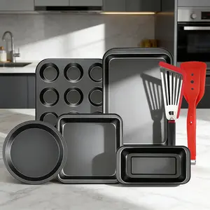 7-Piece Non-Stick Bakeware Set Includes Round Square Cake Pans Muffin Pans Must-Have Oven Trays for Kitchen Baking Black Gold Desserts Birthday Sturdy