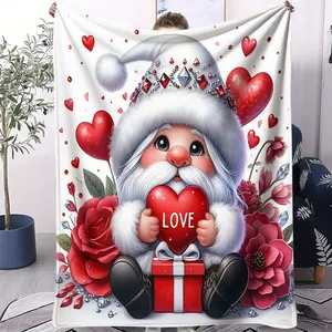 Romantic Valentine Gnome with "LOVE" Heart & Red Roses Print Flannel Blanket, Whimsical Love Gnome Collage Throw Blanket, Cozy Soft Warm Blanket for Bed & Couch, Charming Valentine's Day Gift Blanket for Sweet Style Enthusiasts
