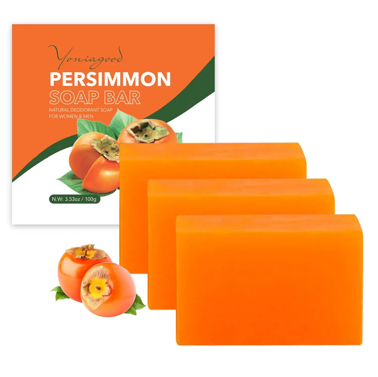 yoniagood 3 PCS Persimmon Soap Bar for Body Odor Control, Natural Refreshing Body Bar Soap for Old People Smell, Organic Deep Cleaning Body Face Wash Soap for Women & Men All Skin Types