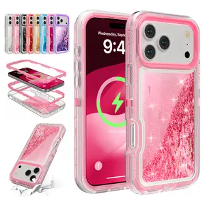 For iPhone 17 Pro Max 16 15 14 13 12 11 Glitter Case,3-in-1 Heavy Duty Protective Phone Case with Floating Liquid Quicksand Shiny Bling Sparkly Cute Cover for Women Girl