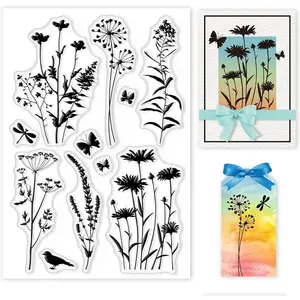 Plant Silhouette Silicone Clear Stamp Flowers Leaves Transparent Silicone Stamps Daisy Lavender Wildflower Transparent Stamp for Scrapbook Journal Card Making