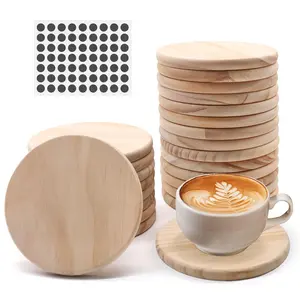 24 count Unfinished Round  Coasters,  4 Inch Blank Wooden Craft Coasters with Non-Slip  Pad Stickers for DIY Stained Painting  Engraving  Decoration Supplies