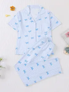 2 pieces of children's blue striped bow printed short sleeved pants, lapel pajamas set, top pocket suitable for all seasons, casual and comfortable, popular home wear, Soft Casual Pajamas