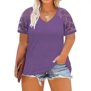 Women's ROSRISS Plus-Size V-Neck Comfy Basic Shortsleeve Casual Shirts - Stretchy Spandex Blend Fabric, Loose Fit Jersey Tees, Lace Detail, Sexy Summer Dress, Outdoor Fun, Style 1065