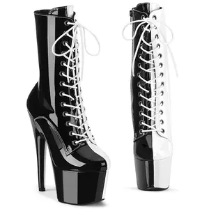Women's 7 in Platform Lace Boot, ADORE-1040TT Black White Patent Heel Footwear