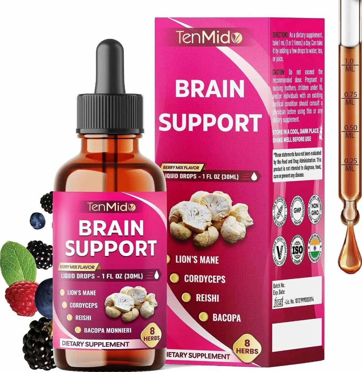 Brain & Focus Support Liquid Drops - 8in1 with Lions Mane, Cordyceps, Reishi, Bacopa, Ginkgo Biloba, Phosphatidylserine, Rosemary, and Gotu Kola - 30ml 1 Fl Oz