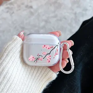 Blossoming Cherry Branch Pattern Protective Case for AirPods 4/3/2/1/Pro/Pro2 Soft TPU Earphone Cover, Transparent with Keychain