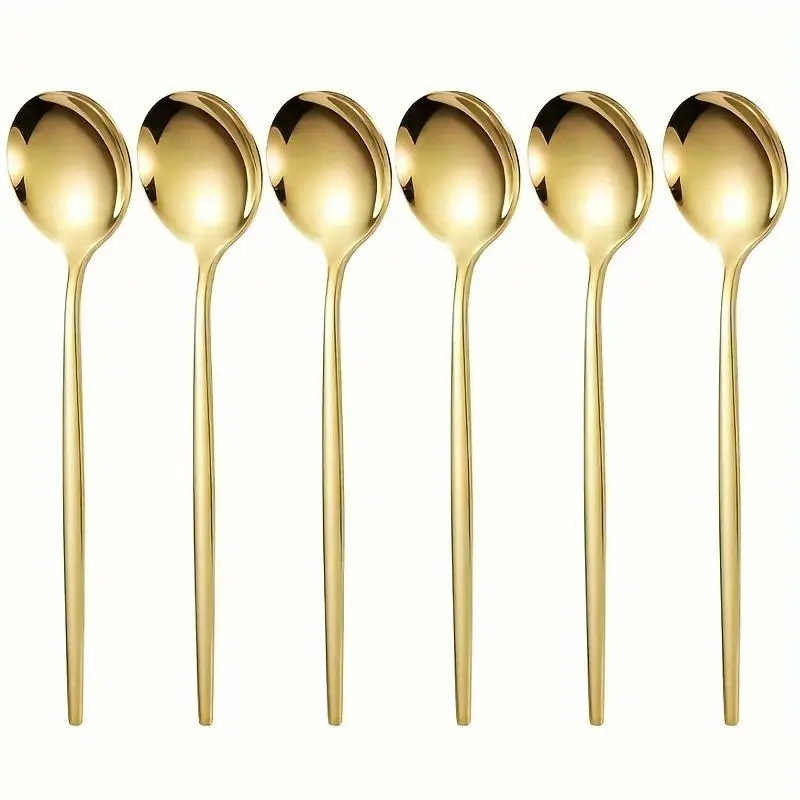 6/12 piece set of golden stainless steel dinner spoons, Portuguese-style designed smooth conical handle spoons, sturdy and durable, can be washed in a dishwasher, perfect for holidays, restaurants, parties and daily meals, Utensils