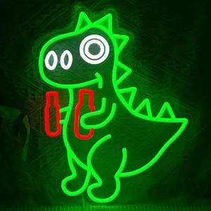 Dinosaur Beer Bottle Neon Light, USB Powered, Dimmable LED, Wall Mounted, Cute Dinosaur Sign for Bar, Party, Store Decor