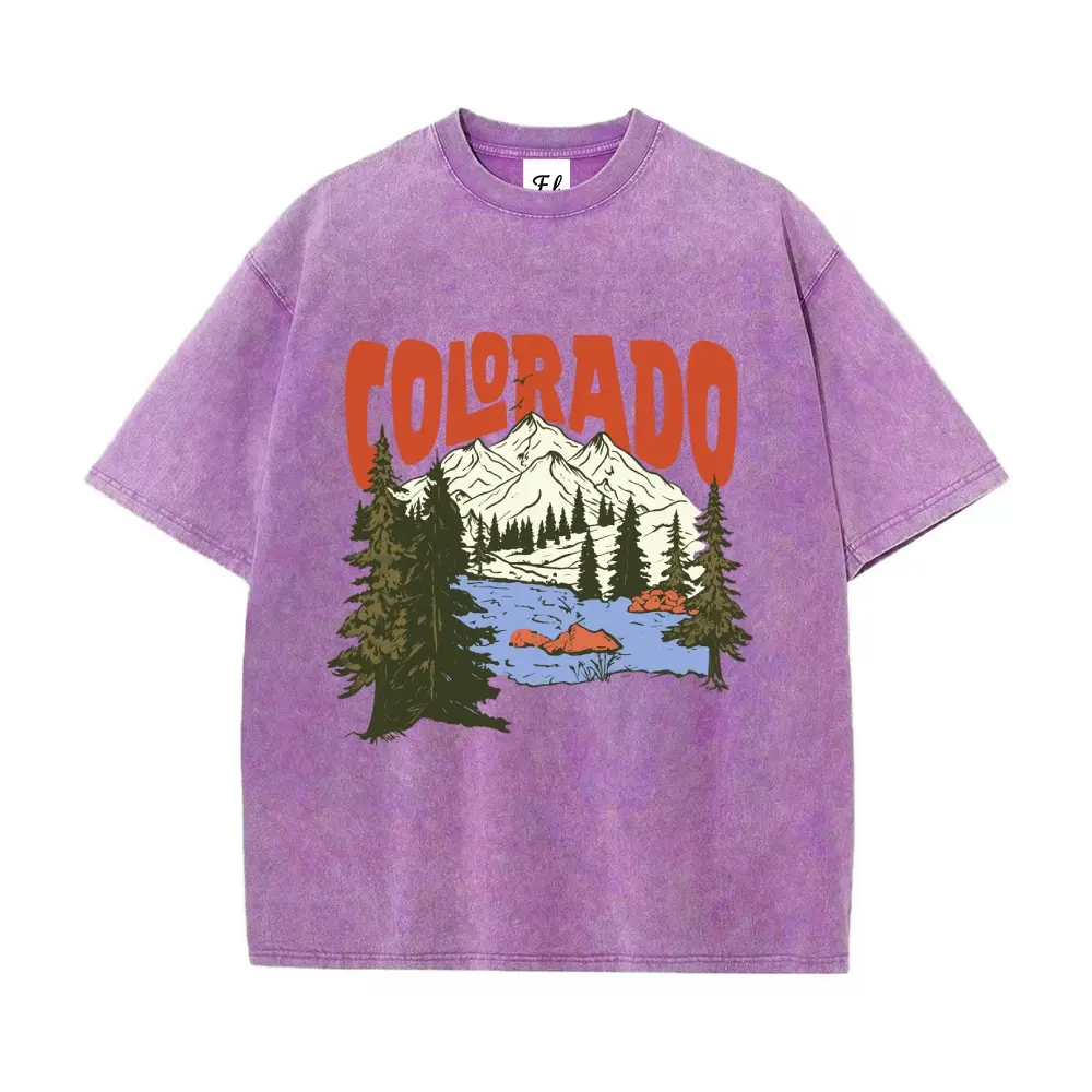 Vintage Colorado Mountains Print Tee for Women, Retro Acid Washed Heavyweight Cotton T-Shirt, Y2K Grunge Aesthetic Oversized Graphic Top