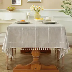 Coffee Plaid Tablecloth Rustic Burlap Linen Fabric,Washable Outdoor Table Covers with Tassel,Waterproof Table Cover for Kitchen Dining,Party,Holiday,Christmas,10-12 Seats
