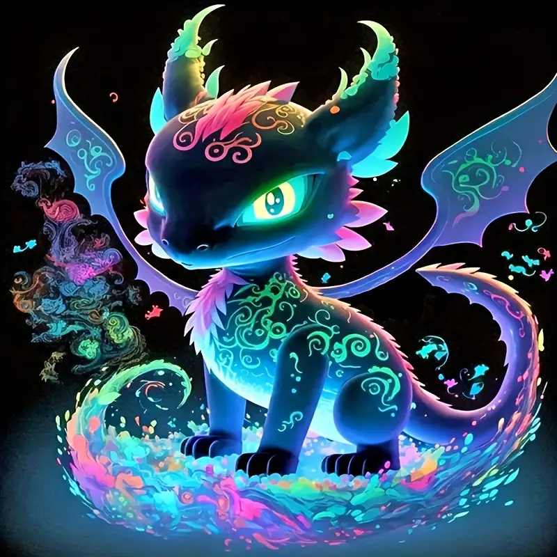 5D Diamond Painting Kit with Round Full Drill, Diamond Pattern Design, Featuring Beautiful And Cute Fierce Animals, Glowing Colorful Little Dinosaurs, Embroidery Mosaic Art for Home Decoration
