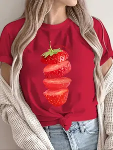 Women's Strawberry Print Round Neck Tee, Casual Fashion Short Sleeve T-shirt for Summer, Ladies Clothes for Daily Wear
