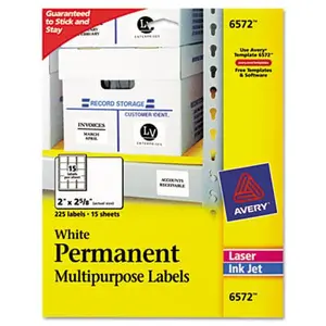 Avery Permanent ID Laser Labels- 2 x 2-5/8- White- 225/Pack